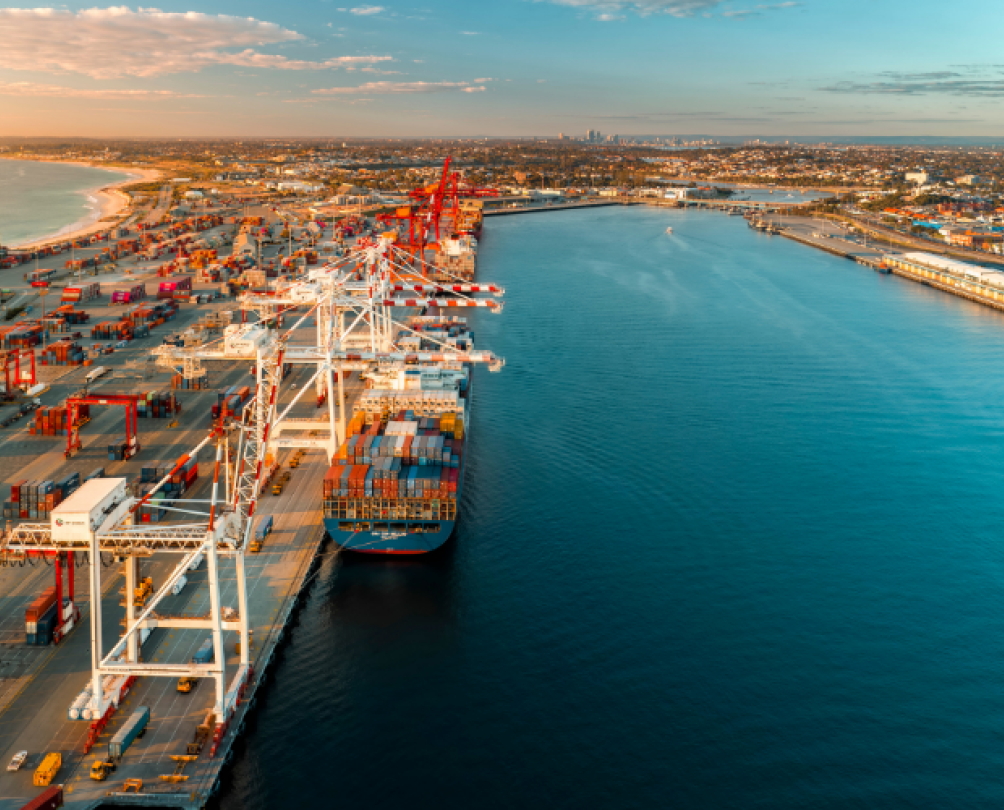 Aerial of Container ship at Fremantle Ports